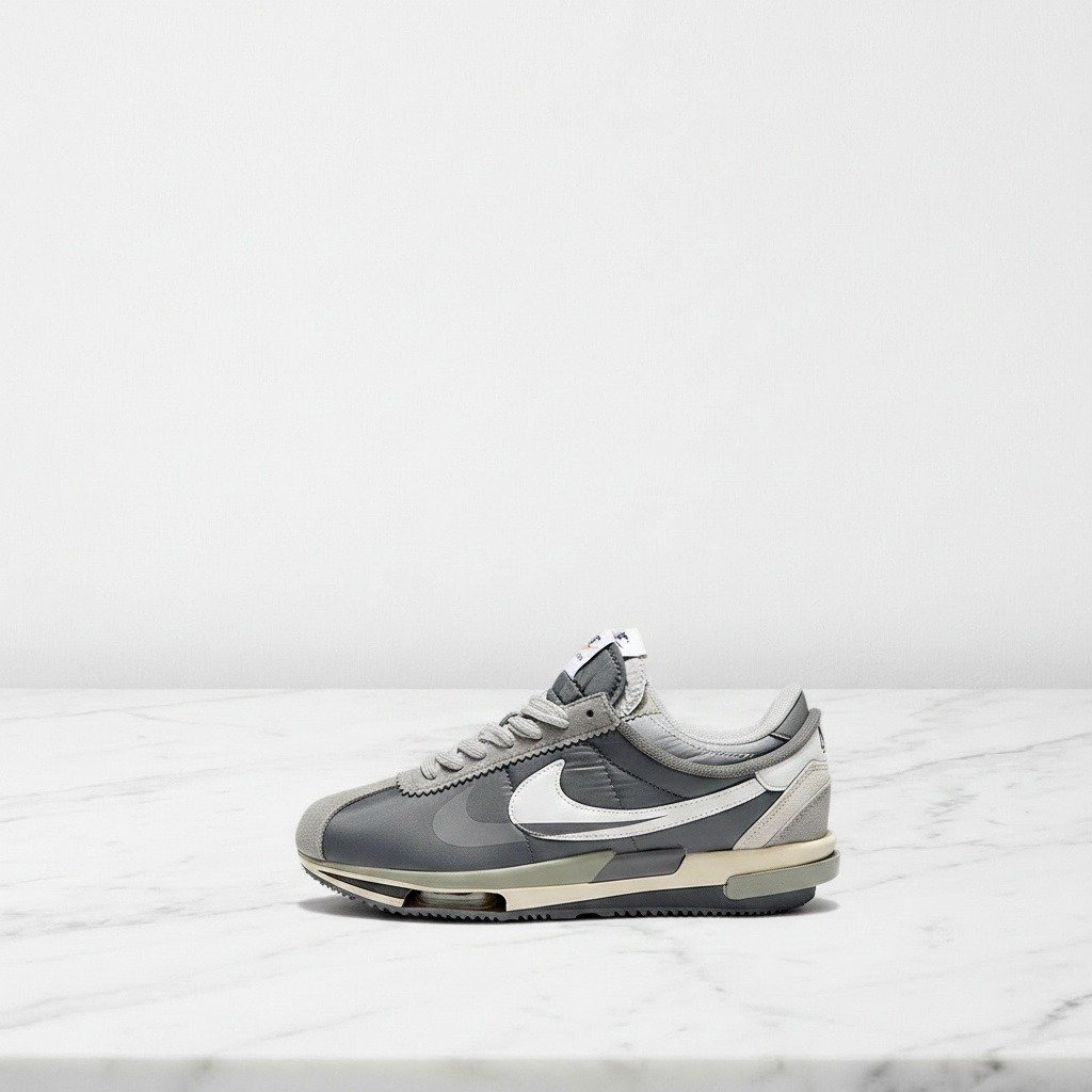 Nike Cortez sacai Cool Grey, wygodne sneakersy unisex na co dzień, szary z bielą, nylon i zamsz, pasują do wielu stylizacji DQ0581-001