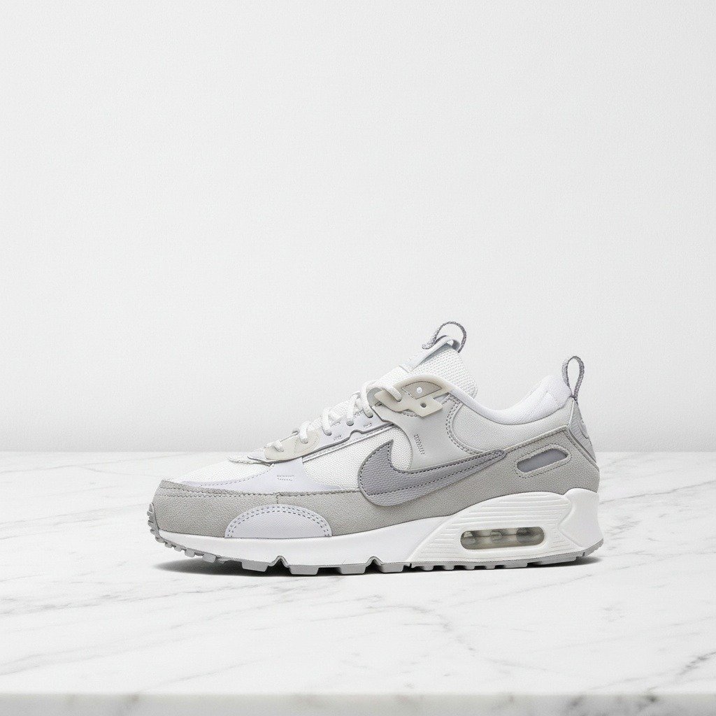 Buty Nike Air Max 90 Futura dla niego, wygodne na co dzień, biało szary zamsz i siatka, oversizowy Swoosh, męskie, DM9922-103
