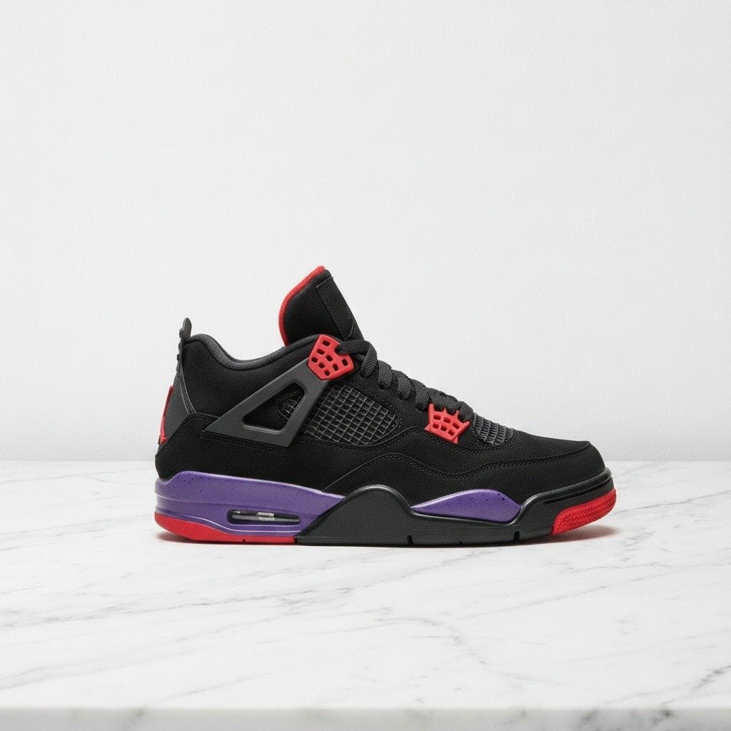 Air Jordan 4 Raptors, wygodne sneakersy unisex na co dzień, zamsz, czarno-fioletowe, do wielu stylizacji, AQ3816-065