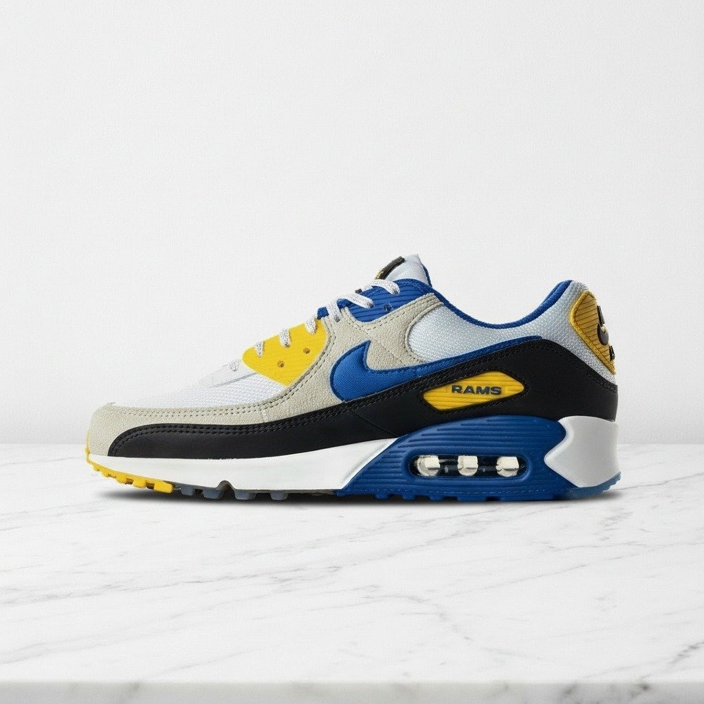 Buty Nike Air Max 90 Los Angeles Rams na co dzień, wygodne sneakersy unisex, biało niebieskie, siatka, II7587-100