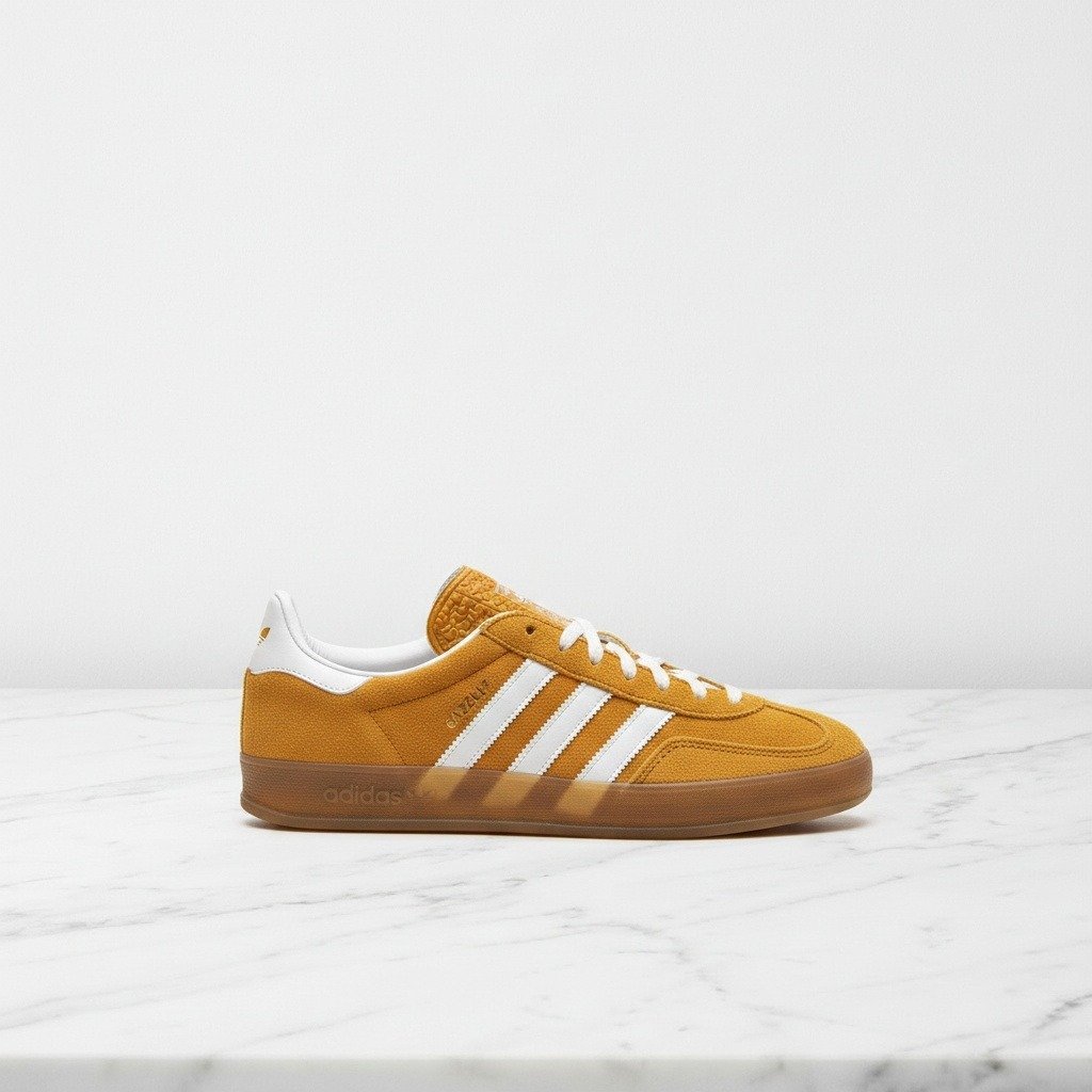 Buty Adidas Gazelle Indoor Supcol na co dzień, unisex, musztardowy zamsz z białymi paskami, wygodna wkładka HQ8716