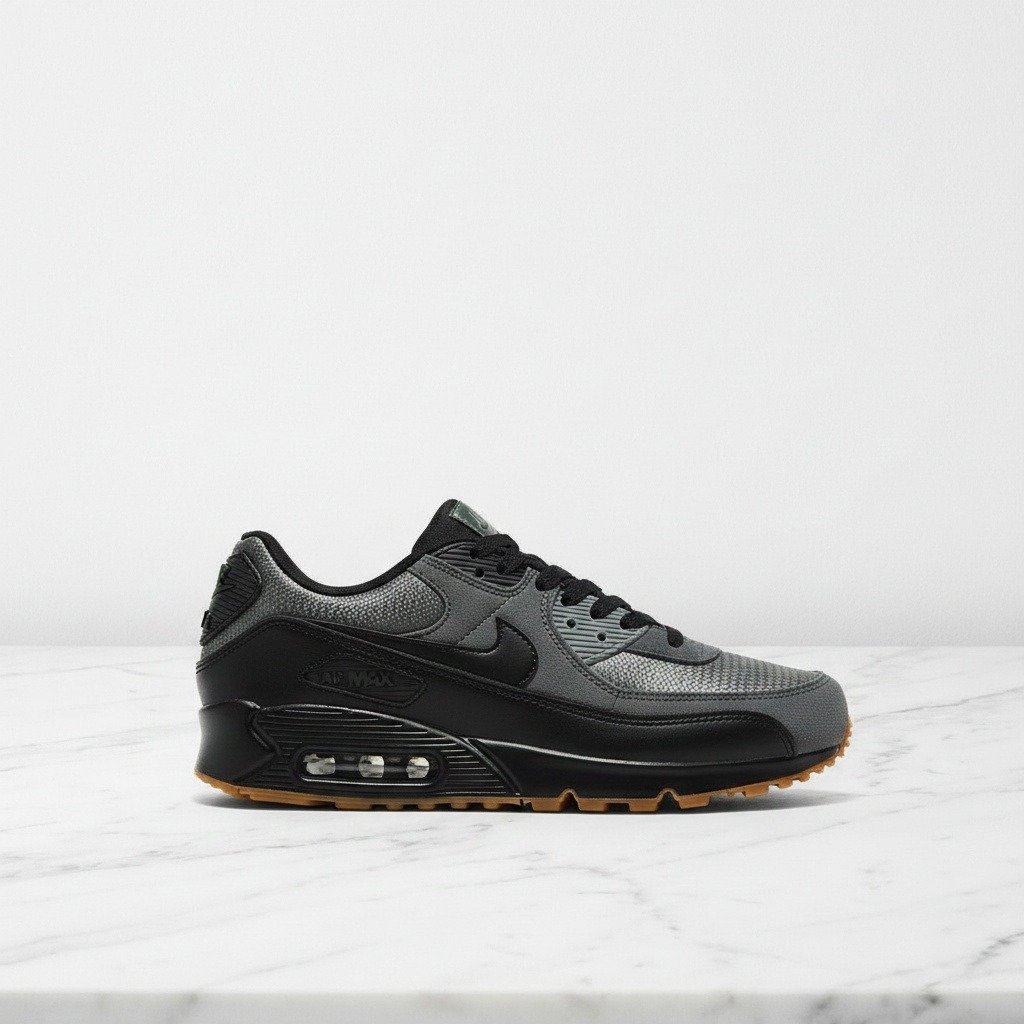 Buty męskie Nike Air Max 90 Smoke Grey Black, wygodne sneakersy na co dzień, czarno szare, skóra i zamsz, IQ0580-084