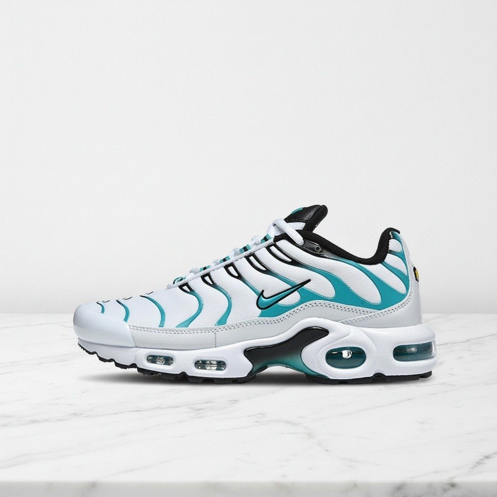 Buty męskie Nike Air Max Plus, biel i turkus, siatka i syntetyk, wygodne na co dzień, idealne do codziennych stylizacji, 604133-136
