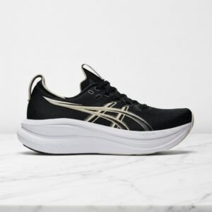 ASICS GEL-Nimbus 28, wygodne sneakersy unisex na co dzień, czarno beżowe, oddychająca siatka, 1011C127-002