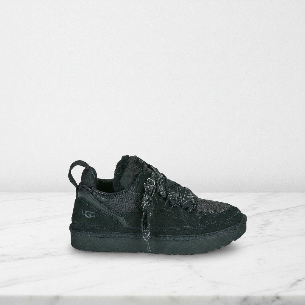 Ciepłe śniegowce damskie UGG Lowmel Black, wygodne na co dzień, skóra i tekstylny materiał, czarne, 1144032-BLK