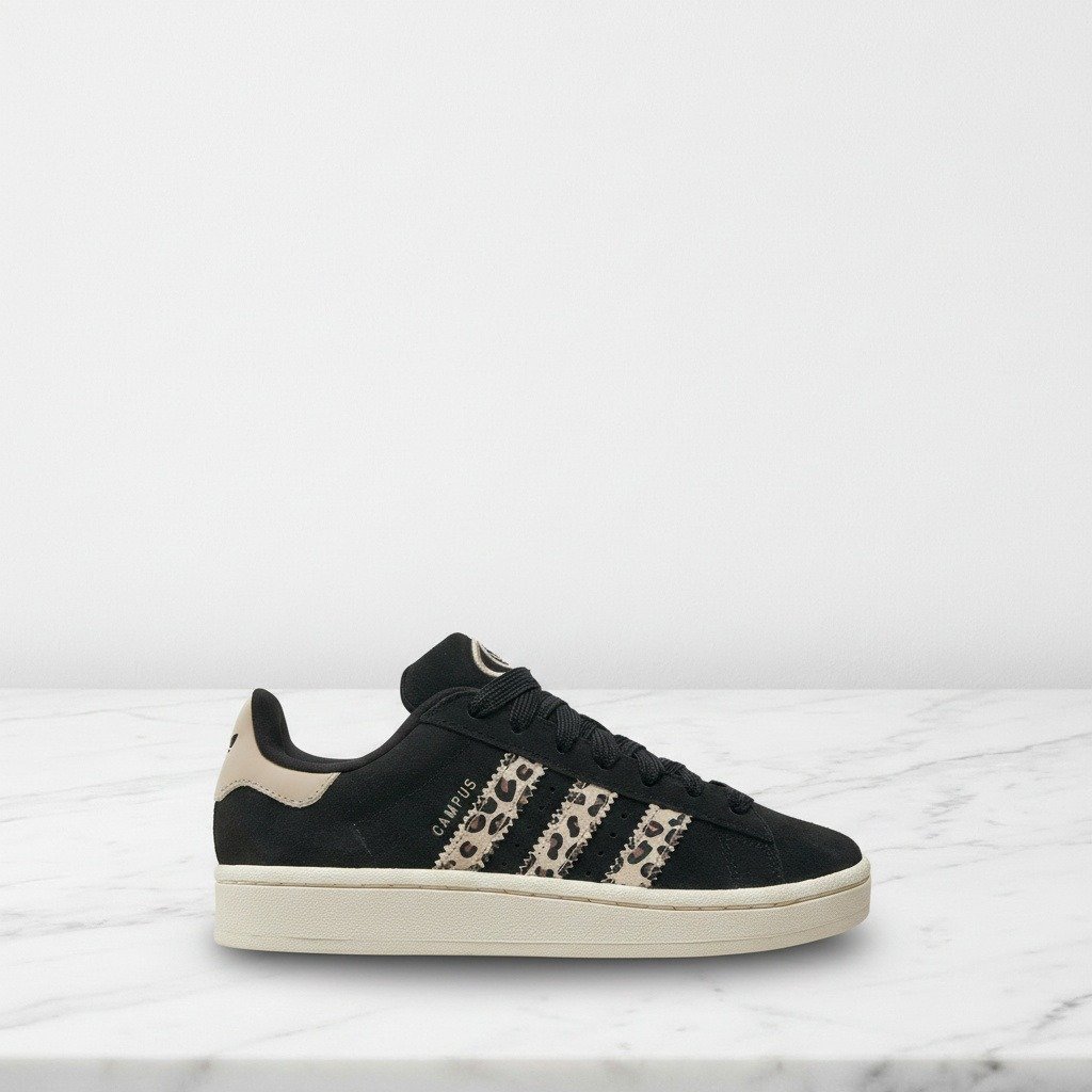 Adidas Campus 00s Black Leopard, wygodne sneakersy unisex na co dzień, czarny zamsz, do dżinsów i spodni, ID7039