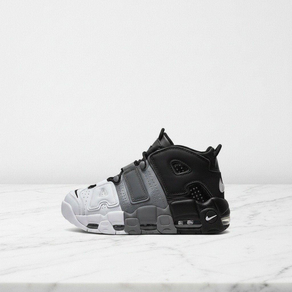 Nike Air More Uptempo Tri Color, wygodne sneakersy unisex na co dzień, skóra, syntetyk i materiał tekstylny, czarno szaro białe 921948-002
