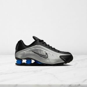 Buty Nike Shox R4 w czerni ze srebrem i niebieskimi akcentami