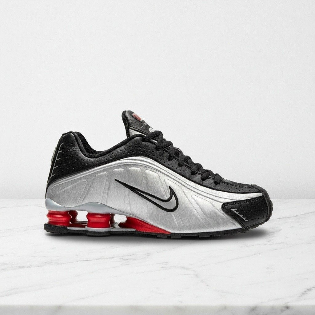 Buty Nike Shox R4 Black Metallic Silver na co dzień, wygodne sneakersy unisex w srebrno-czarnej kolorystyce HQ1988-002