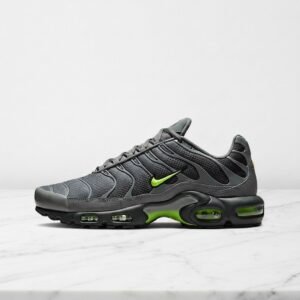 Buty męskie Nike Air Max Plus Smoke Grey Volt, wygodne sneakersy na co dzień, szare z niebieskim akcentem, DM0032-026