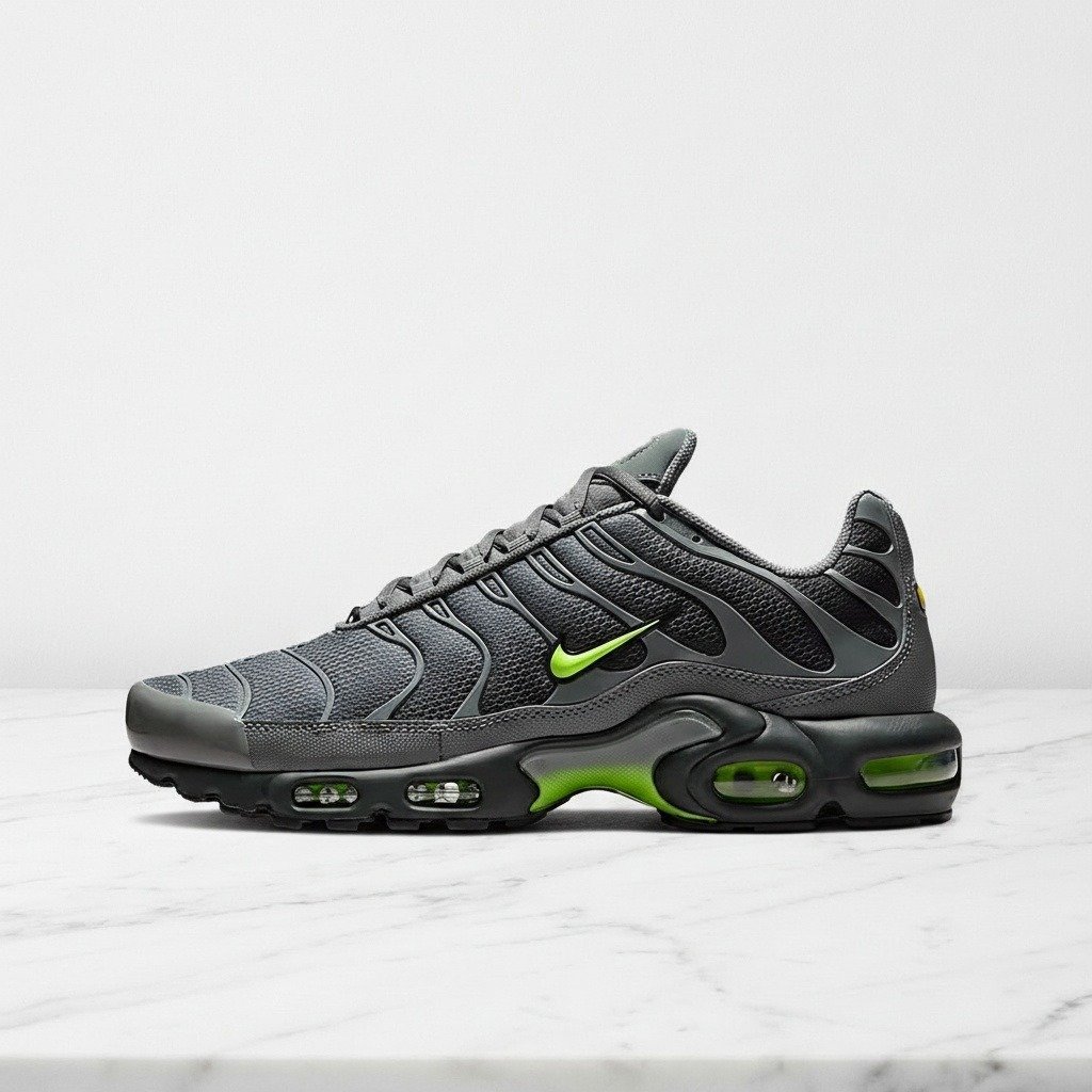 Buty męskie Nike Air Max Plus Smoke Grey Volt, wygodne sneakersy na co dzień, szare z niebieskim akcentem, DM0032-026