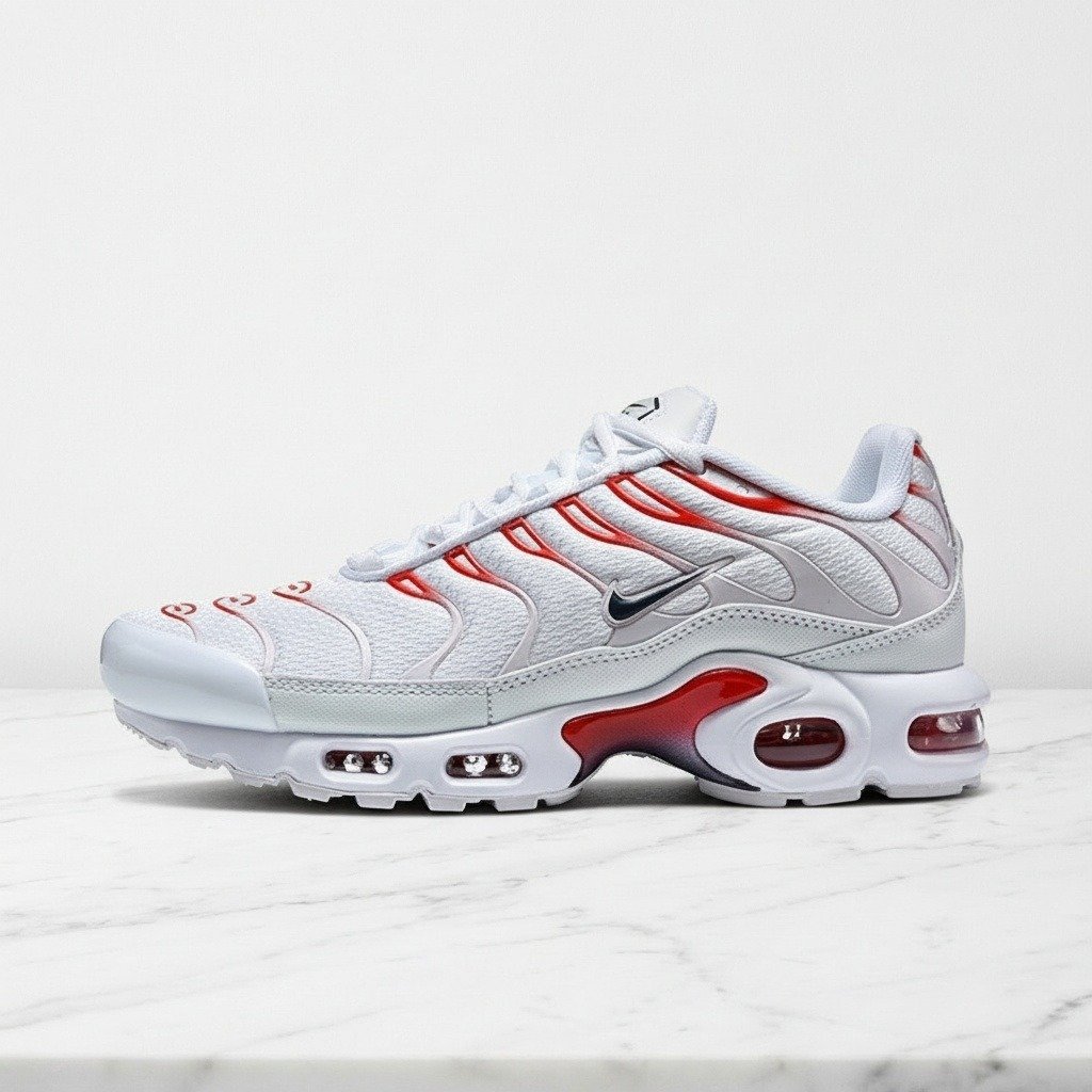 Buty męskie Nike Air Max Plus USA, biel i czerwień, siatka plus syntetyk, wygodne na cały dzień, pasują do jeansów i dresów, DM0032-034