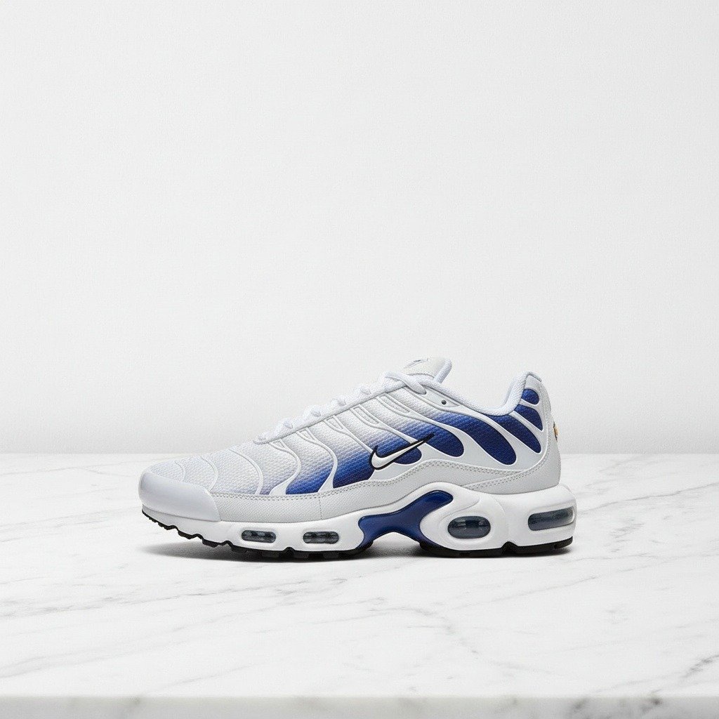 Buty sportowe na co dzień, Nike Air Max Plus White Wild Grape, wygodne sneakersy męskie, niebiesko białe, siatka i tekstyl DM0032-105