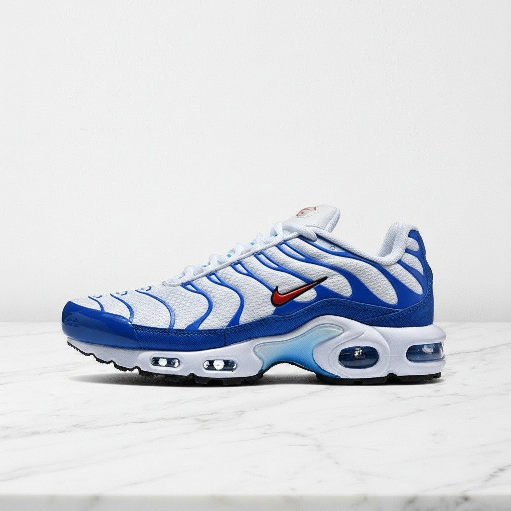 Buty Nike Air Max Plus Knicks White Signal Blue dla niego, wygodne sneakersy na co dzień, biało niebieskie, DM0032-107