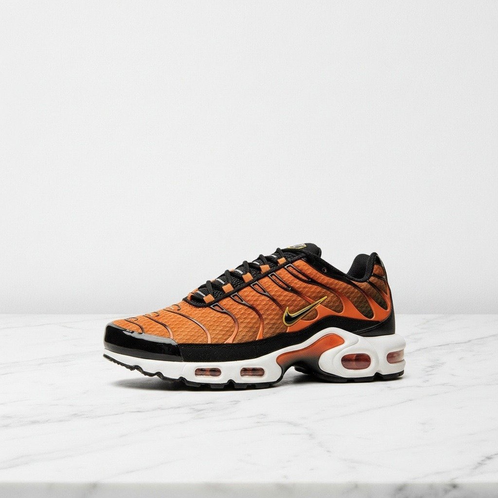 Buty męskie Nike Air Max Plus Safety Orange, wygodne sneakersy na co dzień, pomarańczowo czarne z siatki, Tuned Air, DM0032-800