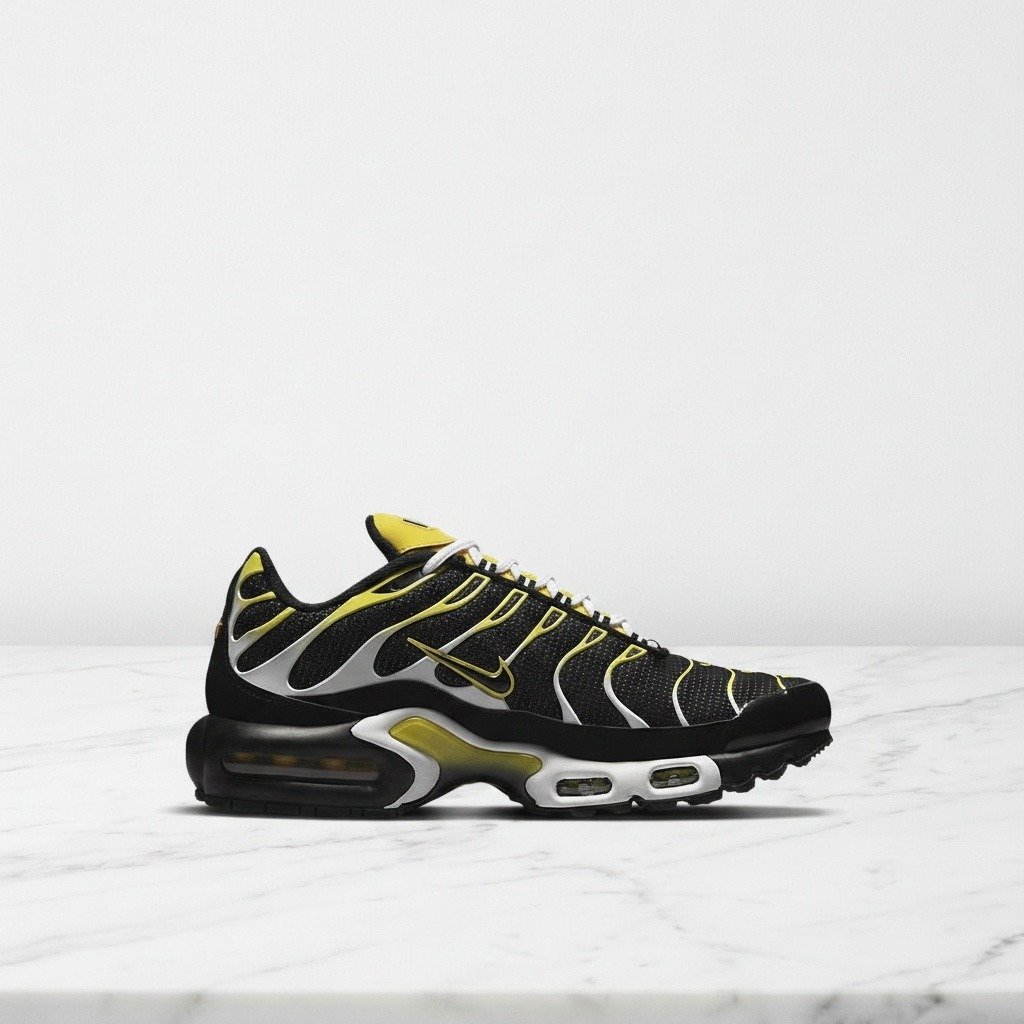 Buty męskie Nike Air Max Plus Black Tour Yellow, wygodne sneakersy na co dzień, oddychająca siatka, amortyzująca pięta, czarno żółte DQ3983-001
