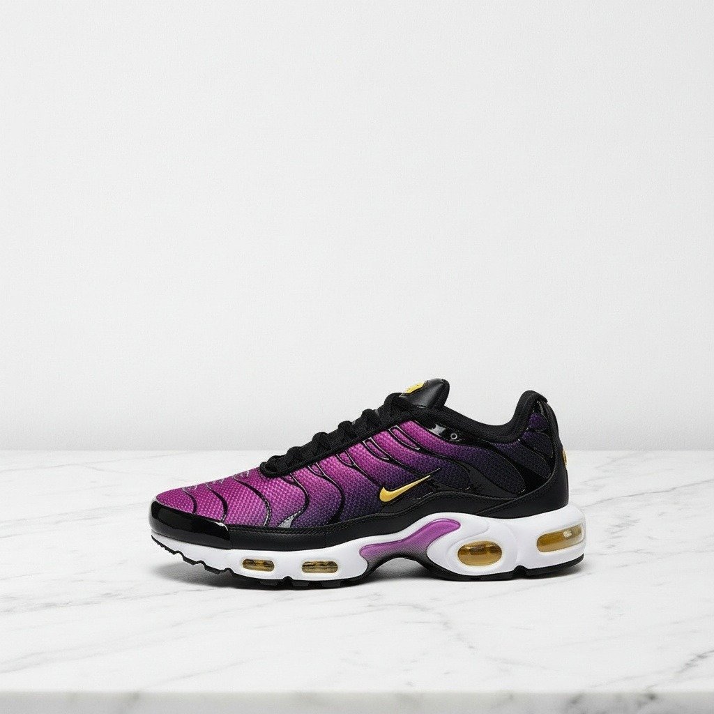 Buty męskie Nike Air Max Plus Black Laser Orange White Hyper Violet, wygodne sneakersy na co dzień, fiolet z czernią DZ3670-005
