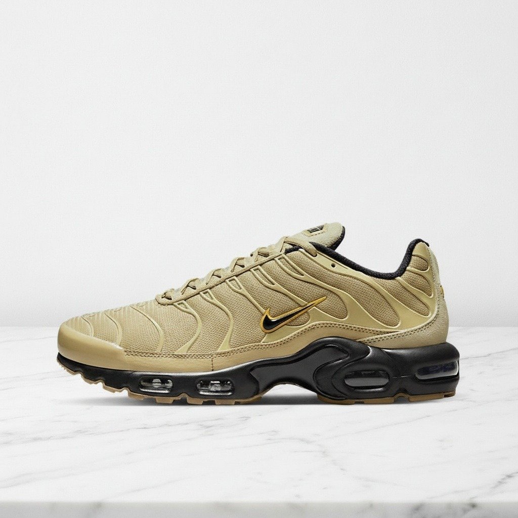 Buty męskie Nike Air Max Plus OG Gold Bullet, beżowo-czarne sneakersy na co dzień, oddychająca siatka, DZ4501-700
