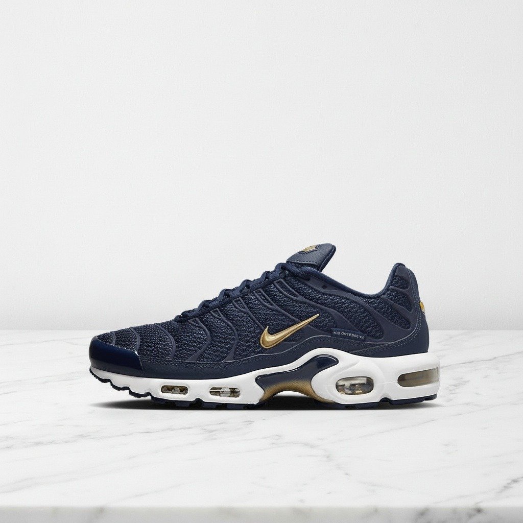 Nike Air Max Plus FFF na co dzień, męskie sneakersy granatowo-złote, wygodna amortyzacja pięty, FB3350-400