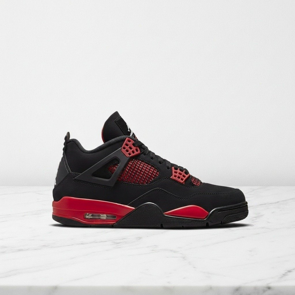Air Jordan 4 Red Thunder, wygodne sneakersy unisex na co dzień, czarno-czerwone, nubuk, CT8527-016