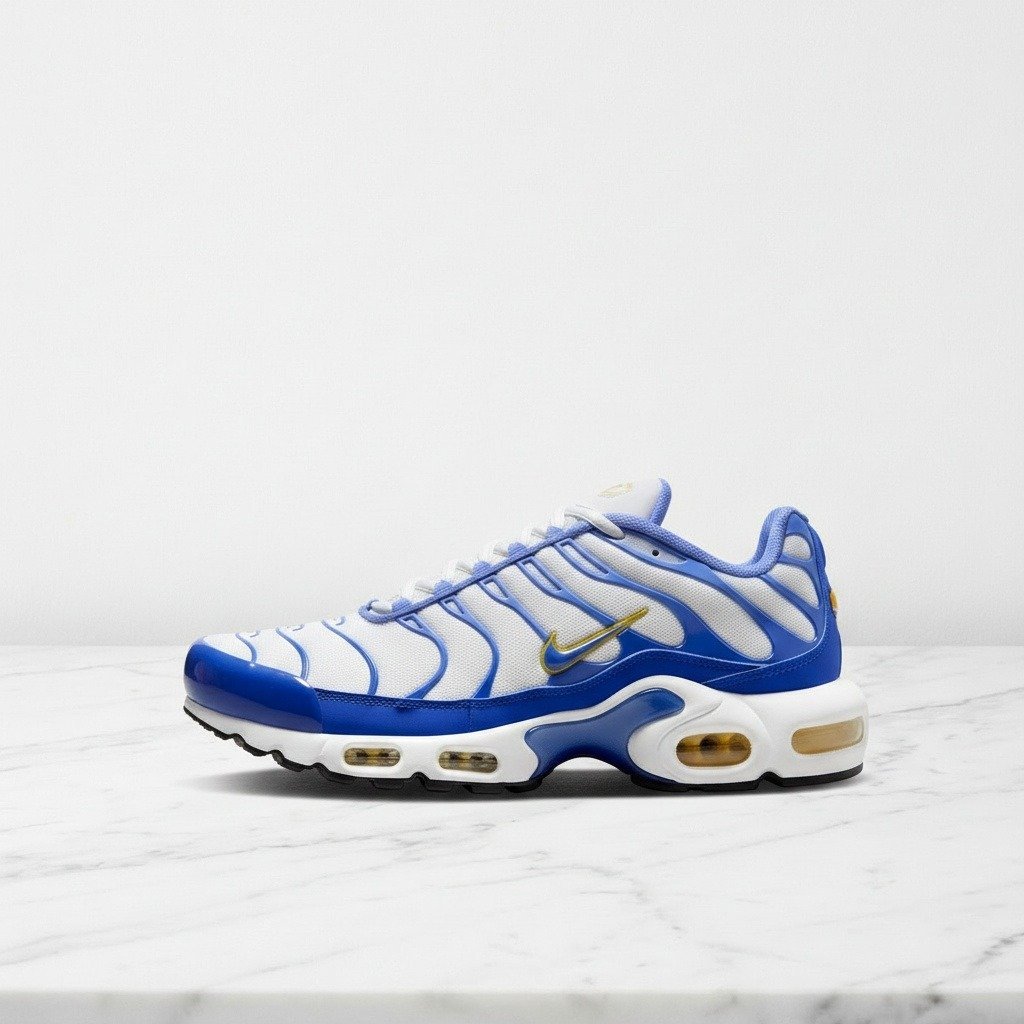 Buty męskie Nike Air Max Plus White Lyon Blue Varsity Maize, wygodne na co dzień, biało-niebieskie, siatkowa cholewka, IF6224-100