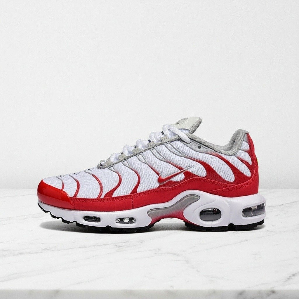 Buty Nike Air Max Plus dla niego, kolor biały z czerwonym, wygodne na co dzień, siatka i syntetyk, IF6224-101