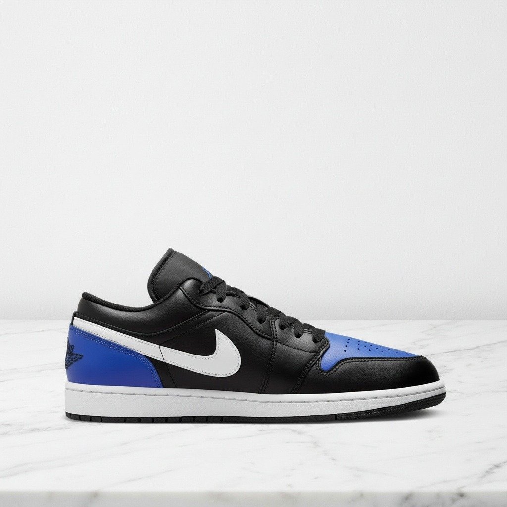 Buty Air Jordan 1 Low Black Royal Toe na co dzień, unisex, wygodna skóra i tekstylna cholewka, czarno niebieskie 553558-042