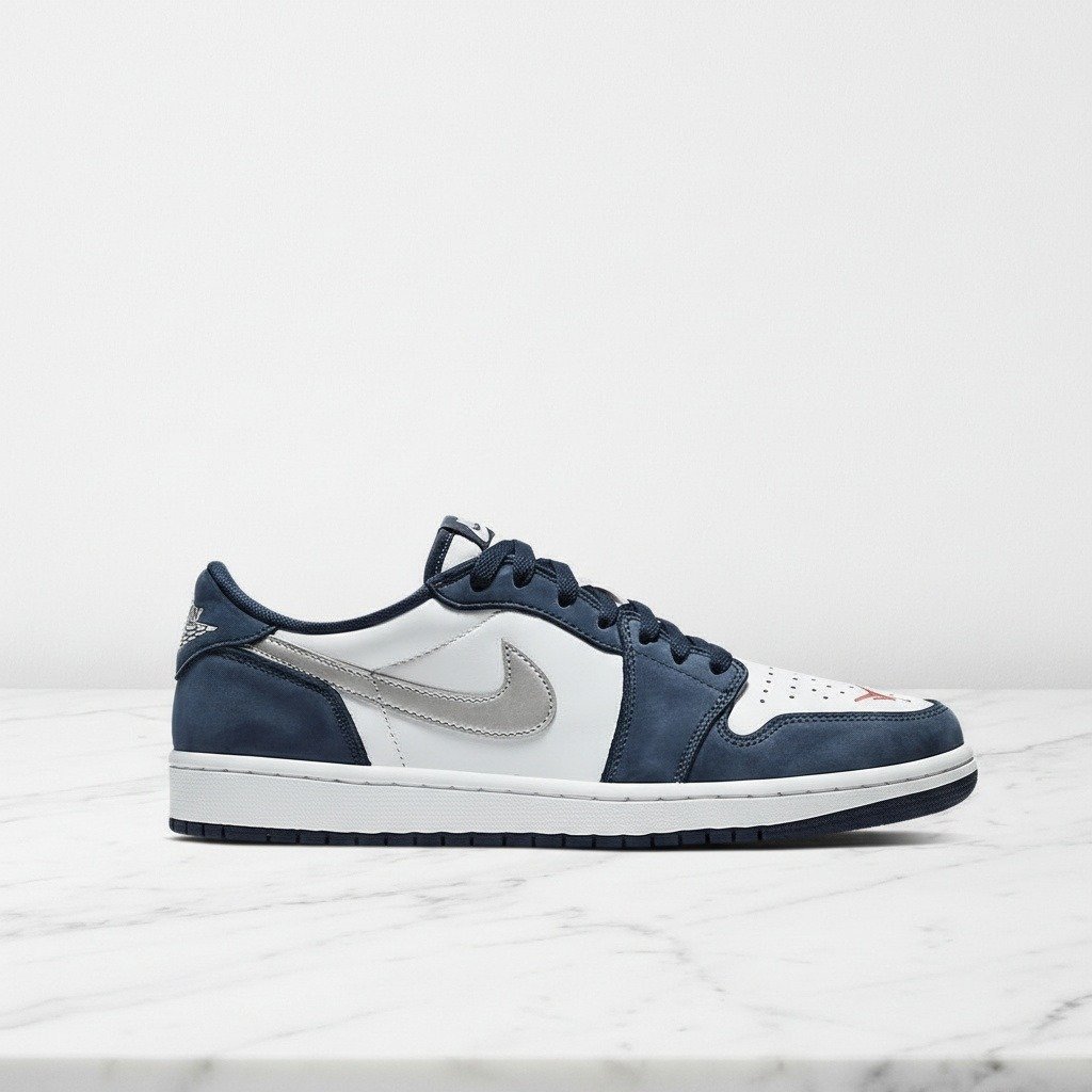 Buty na co dzień Air Jordan 1 Low Midnight Navy, unisex, wygodne, skóra i nubuk, biało-granatowe, CJ7891-400