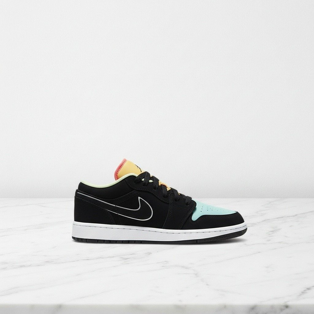 Buty Air Jordan 1 Low Black Aurora Green Laser Orange na co dzień, unisex, wygodna skóra i tekstylia, czarno-miętowe, CK3022-013