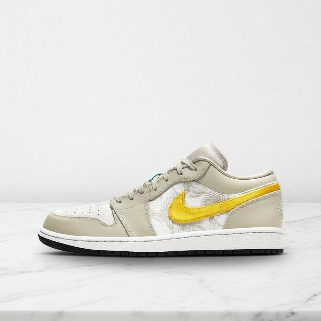 Buty Air Jordan 1 Low Palm Tree na co dzień, unisex, beżowo-żółte, skórzane z siatką, wygodna amortyzacja, CK3022-107
