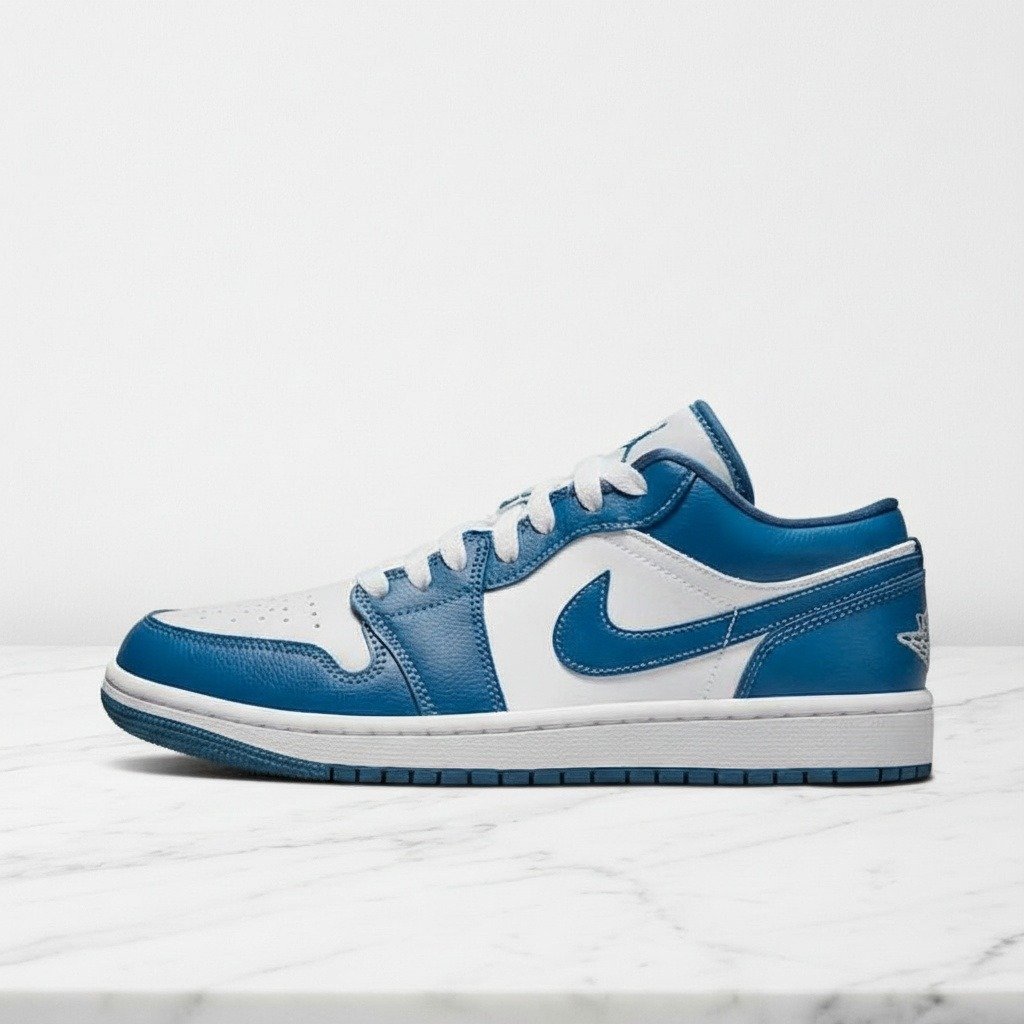Buty damskie Air Jordan 1 Low Marina Blue, skórzane sneakersy na co dzień, biało-niebieskie DC0774-114