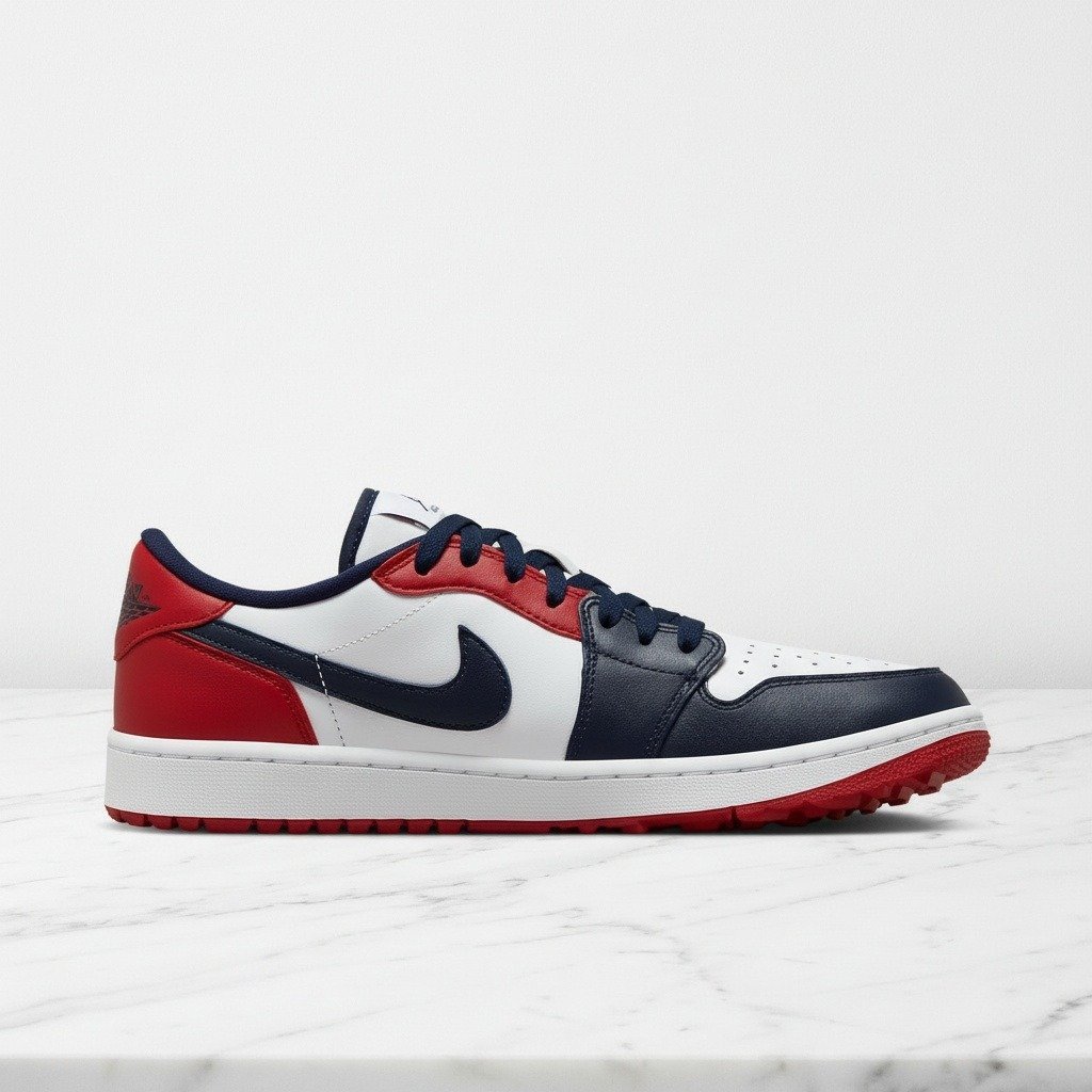 Buty damskie Air Jordan 1 Low G Golf USA, wygodne sneakersy na co dzień, biel i granat, skóra i tekstylia, DD9315-113