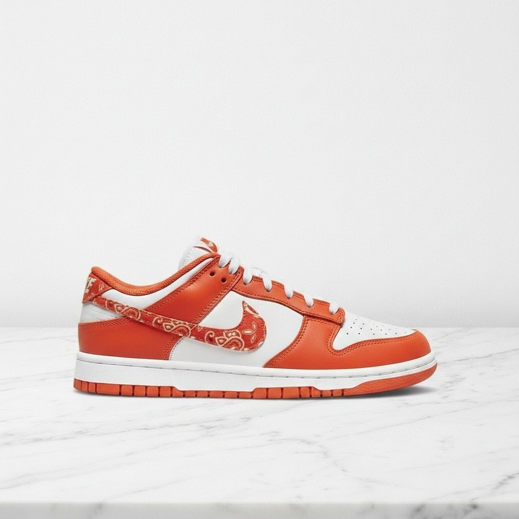 Nike Dunk Low Orange Paisley, wygodne sneakersy unisex na co dzień, pomarańczowo-białe, skórzane, DH4401-103