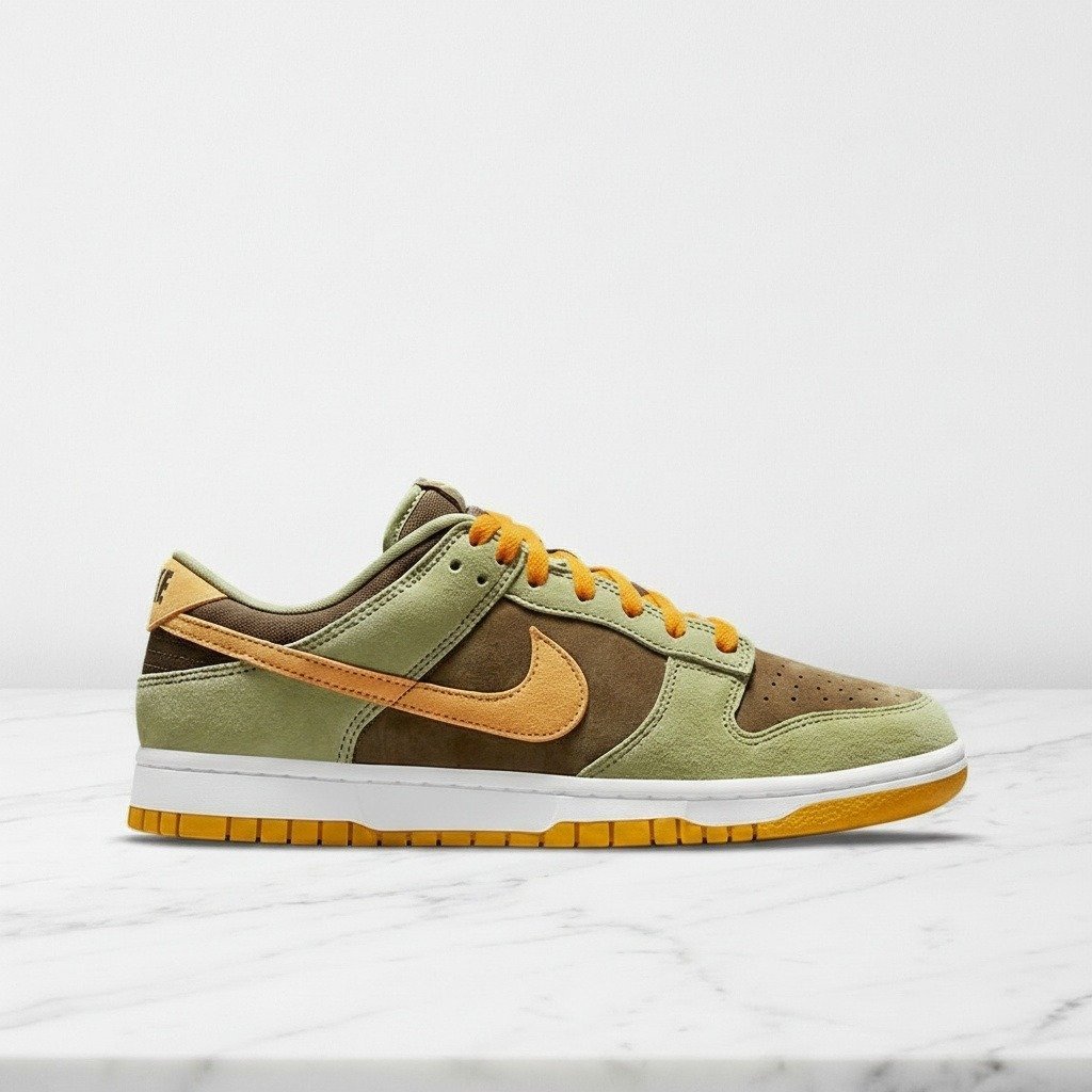 Buty Nike Dunk Low SE w kolorze oliwkowo brązowym, wygodne sneakersy unisex na co dzień, zamsz i skóra, DH5360-300