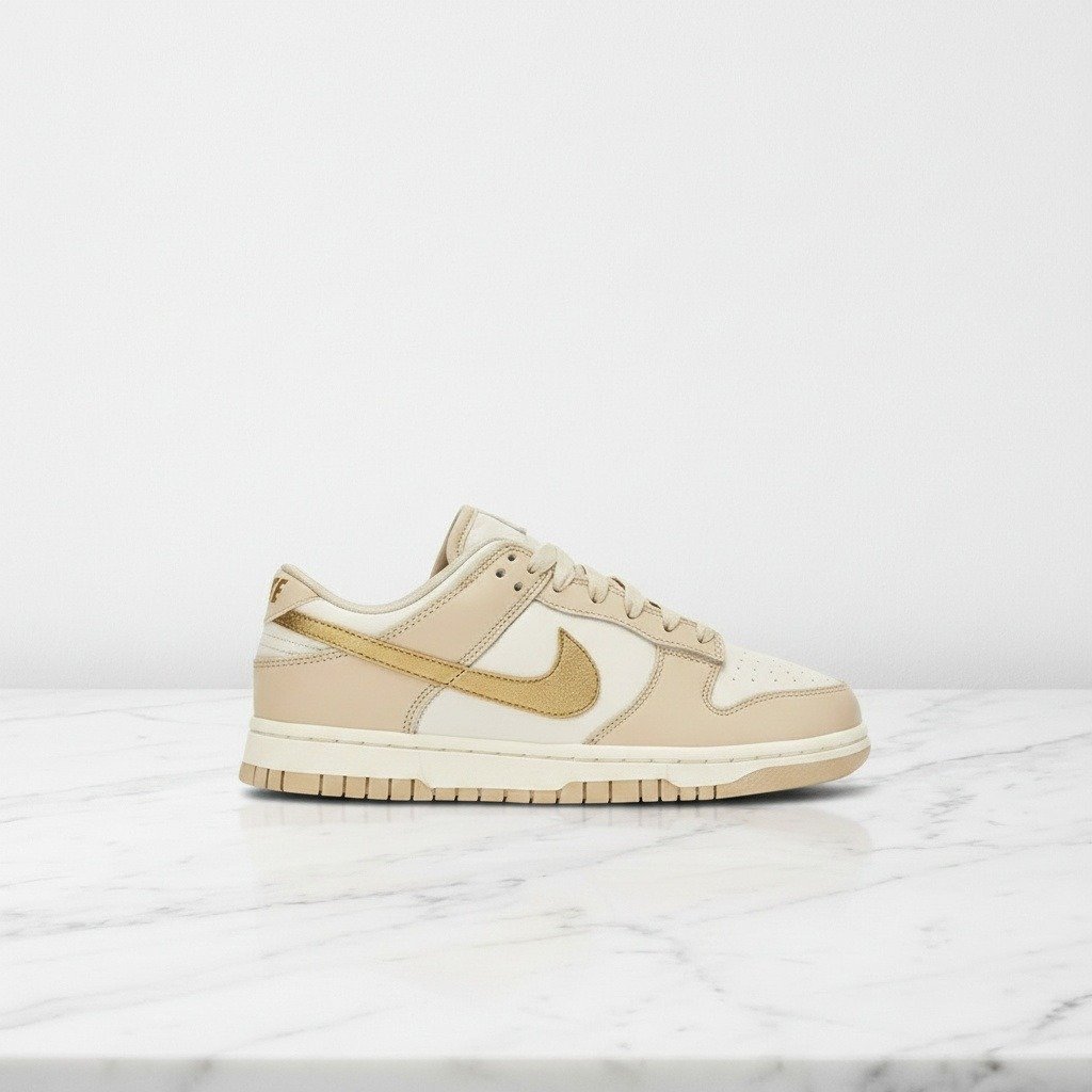 Sneakersy Nike Dunk Low Gold Swoosh, wygodne buty skórzane na co dzień, damskie, złoto beżowe ze złotymi naszyciami, DX5930-001