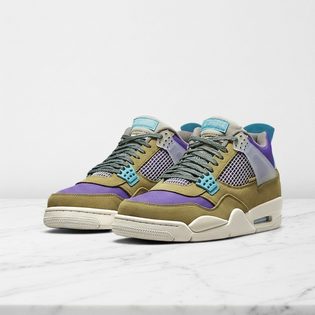 Buty Air Jordan 4 Union LA 30th Anniversary Desert Moss na co dzień, unisex, wygodny zamsz i siatka, khaki fioletowy DJ5718-300