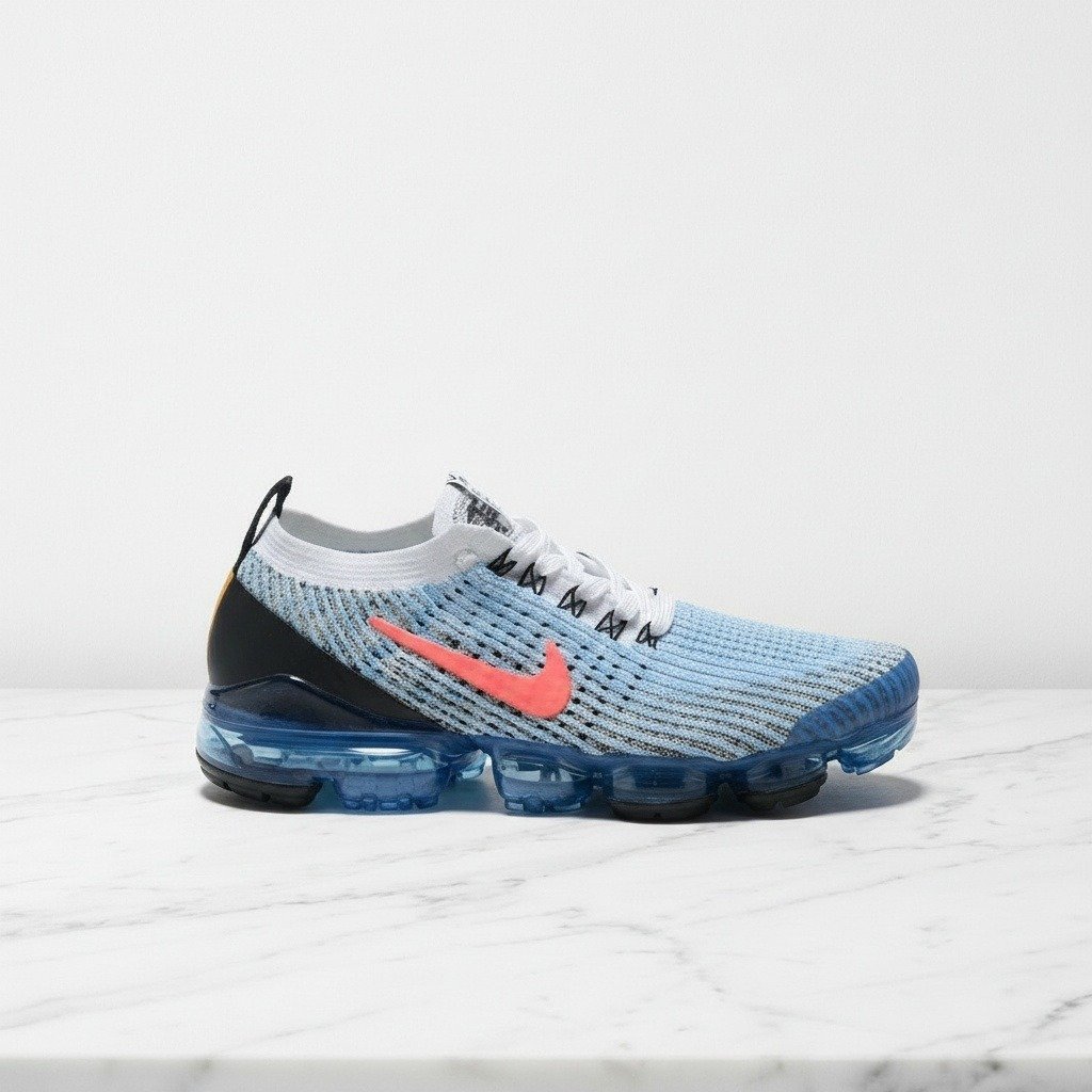 Buty Nike Air VaporMax Flyknit 3 na co dzień, niebiesko białe, wygodna dzianina, unisex, Photo Blue Club Gold AJ6900-106