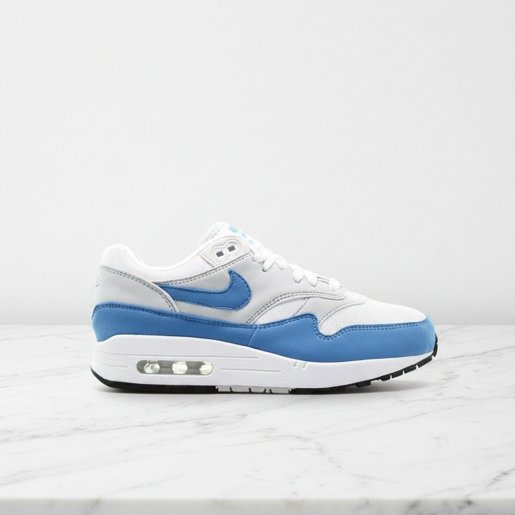 Nike Air Max 1 Essentials White, wygodne sneakersy unisex na co dzień, biało-niebieskie, pasują do wielu stylizacji BV1981-100