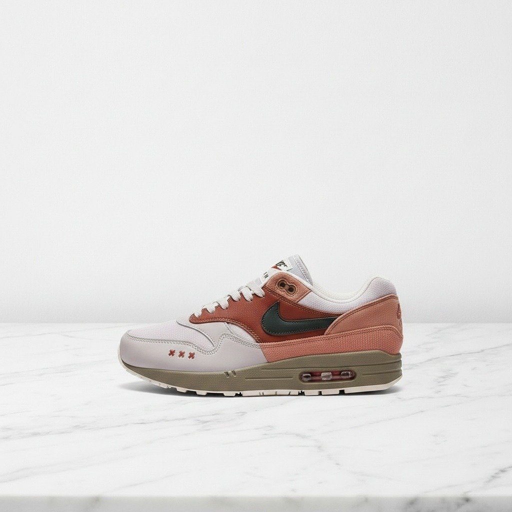 Nike Air Max 1 Amsterdam, wygodne sneakersy unisex na co dzień, beż i koral, zamsz i sztruch, amortyzacja Max Air, CV1638-200