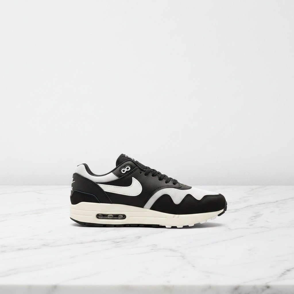Nike Air Max 1 Patta Black, męskie buty na co dzień, czarno-biała skóra i siatka, wygodny Max Air DQ0299-001