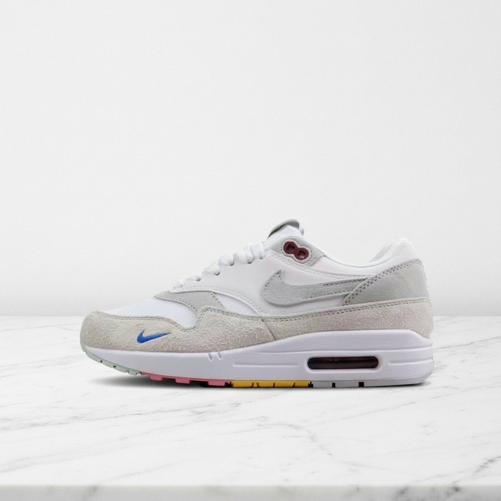 Buty Nike Air Max 1 Pom Pom Polka Dots dla niego i dla niej, wygodne na cały dzień, biało-szare, skóra i zamsz, FB4959-121