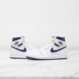 Buty Air Jordan 1 High OG Court Purple dla kobiet, wygodne na co dzień, biel z fioletem, skórzana cholewka, CD0461-151