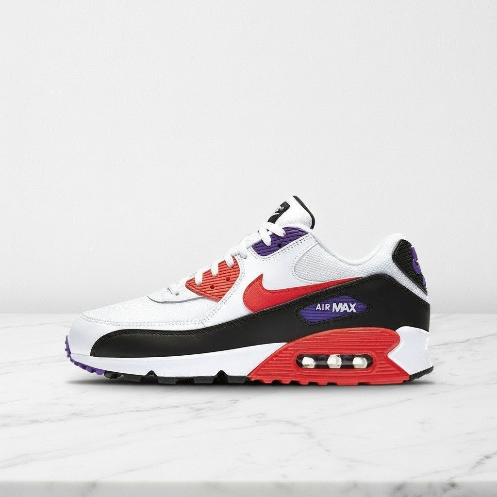 Buty Nike Air Max 90 biało-czerwone, unisex, wygodne sneakersy na co dzień, skóra i materiał tekstylny, White Red Orbit Psychic Purple AJ1285-106