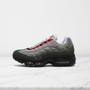 Nike Air Max 95 Solar Red, wygodne sneakersy męskie na co dzień, szare z czerwonymi akcentami, pasują do wielu stylizacji, AT2865-100