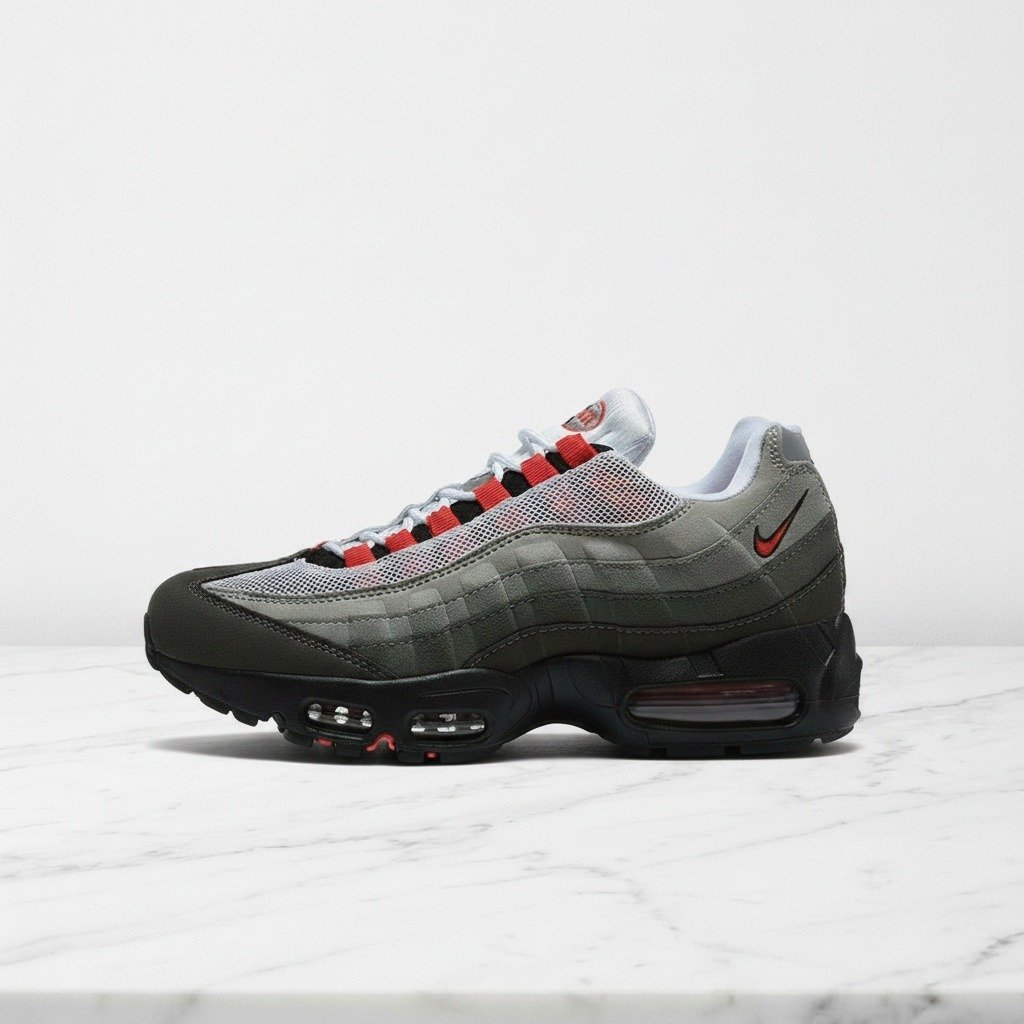 Nike Air Max 95 Solar Red, wygodne sneakersy męskie na co dzień, szare z czerwonymi akcentami, pasują do wielu stylizacji, AT2865-100