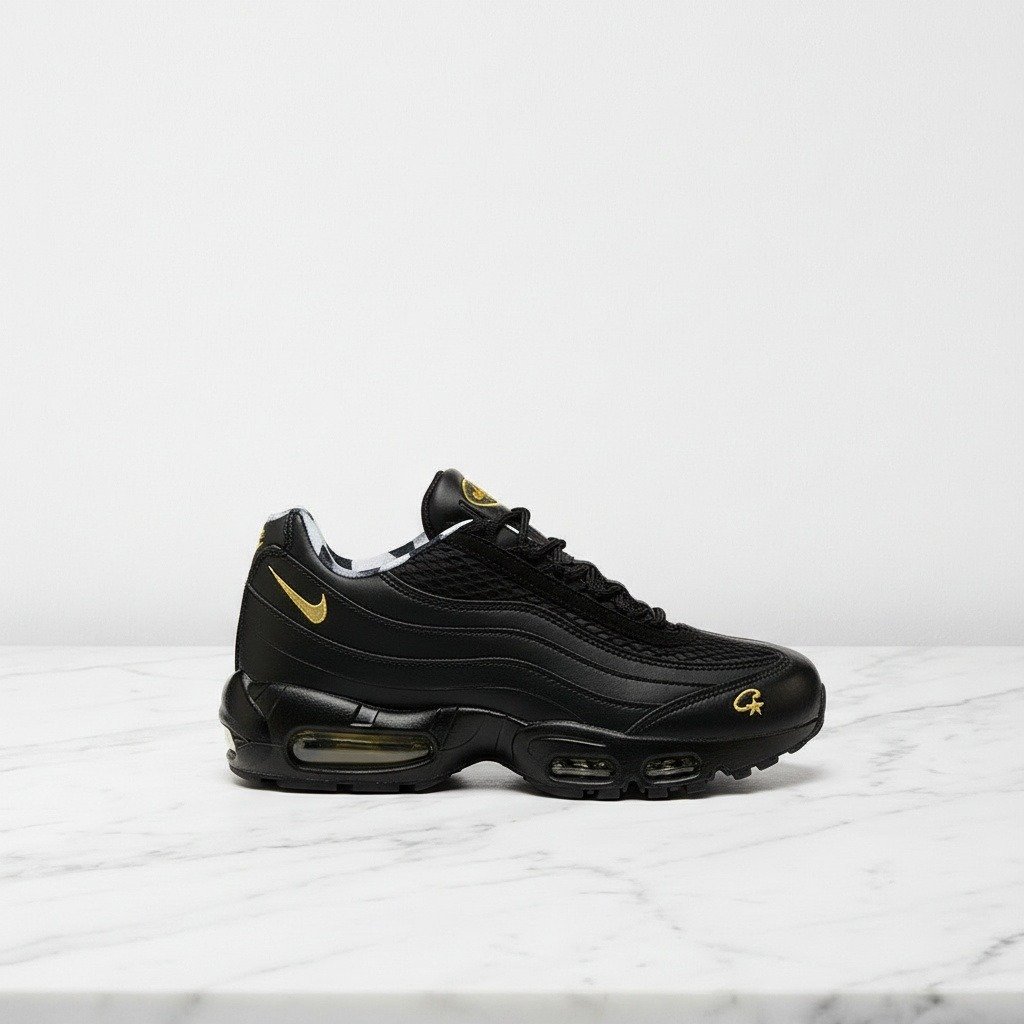 Buty Nike Air Max 95 Corteiz Honey Black na co dzień, unisex, wygodne, skórzane, czarno-złote, sznurowanie drawcord FB2709-003