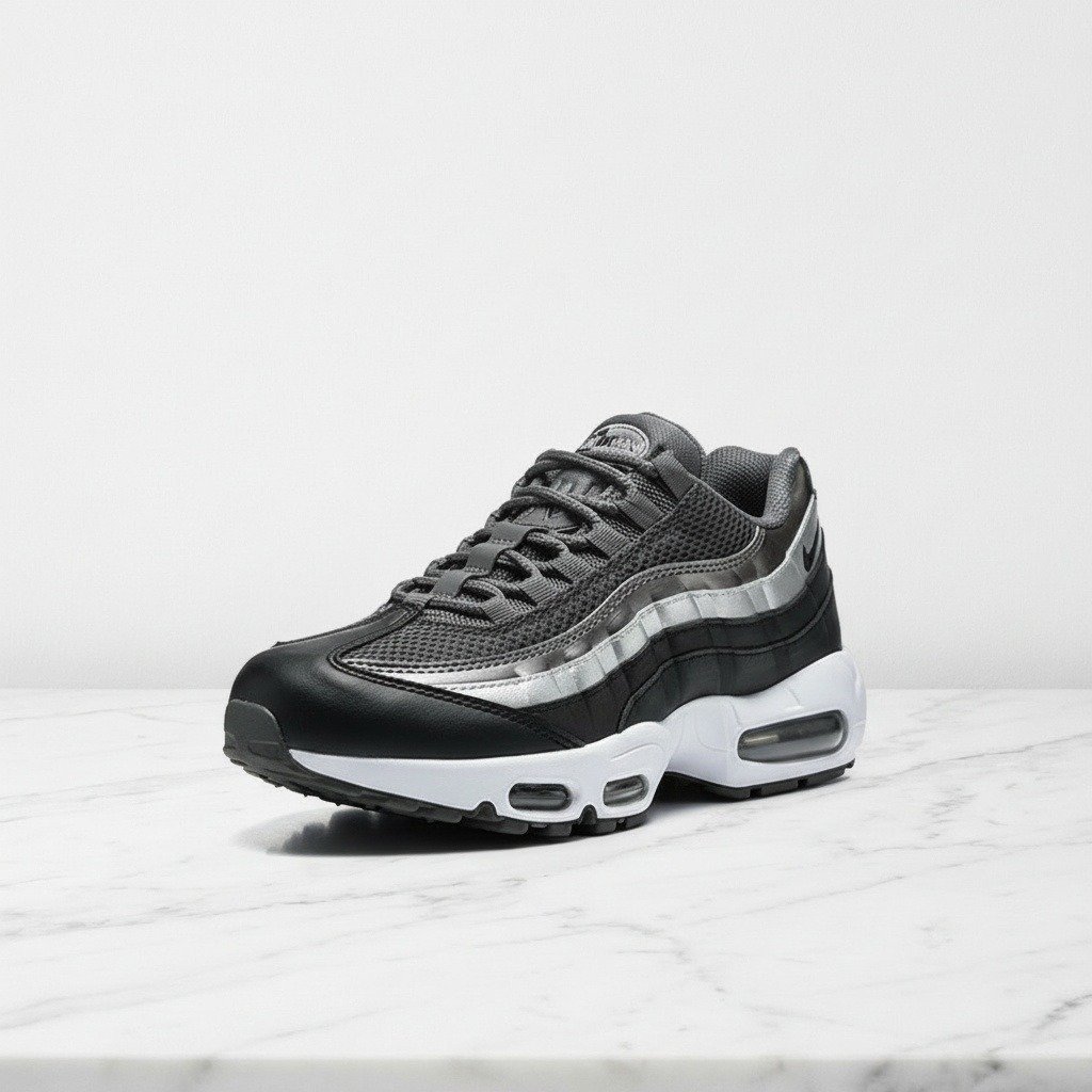 Buty męskie Nike Air Max 95 Black Metallic Silver na co dzień, wygodne sneakersy srebrno czarne, siatka i eko skóra IB6398-002