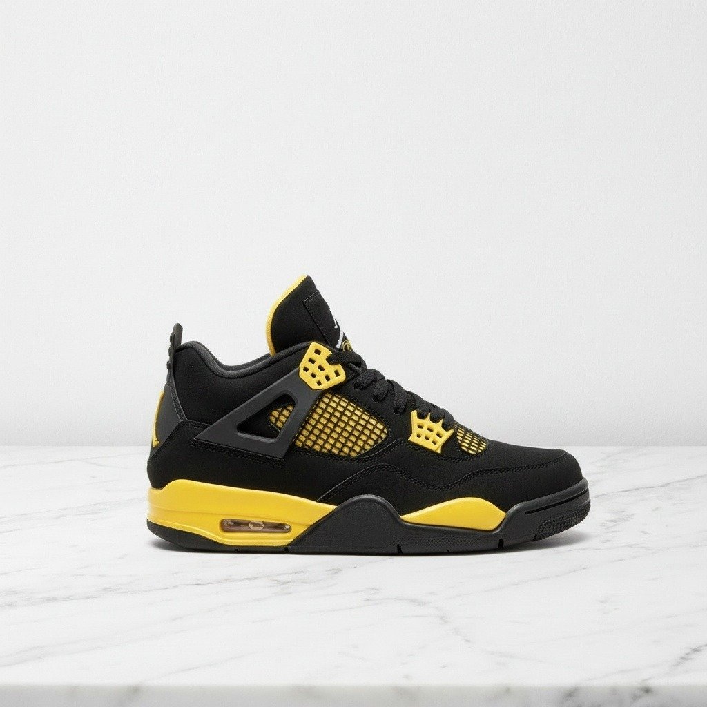 Air Jordan 4 Thunder, wygodne sneakersy unisex na co dzień, czarno-żółte, nubuk, 308497-008