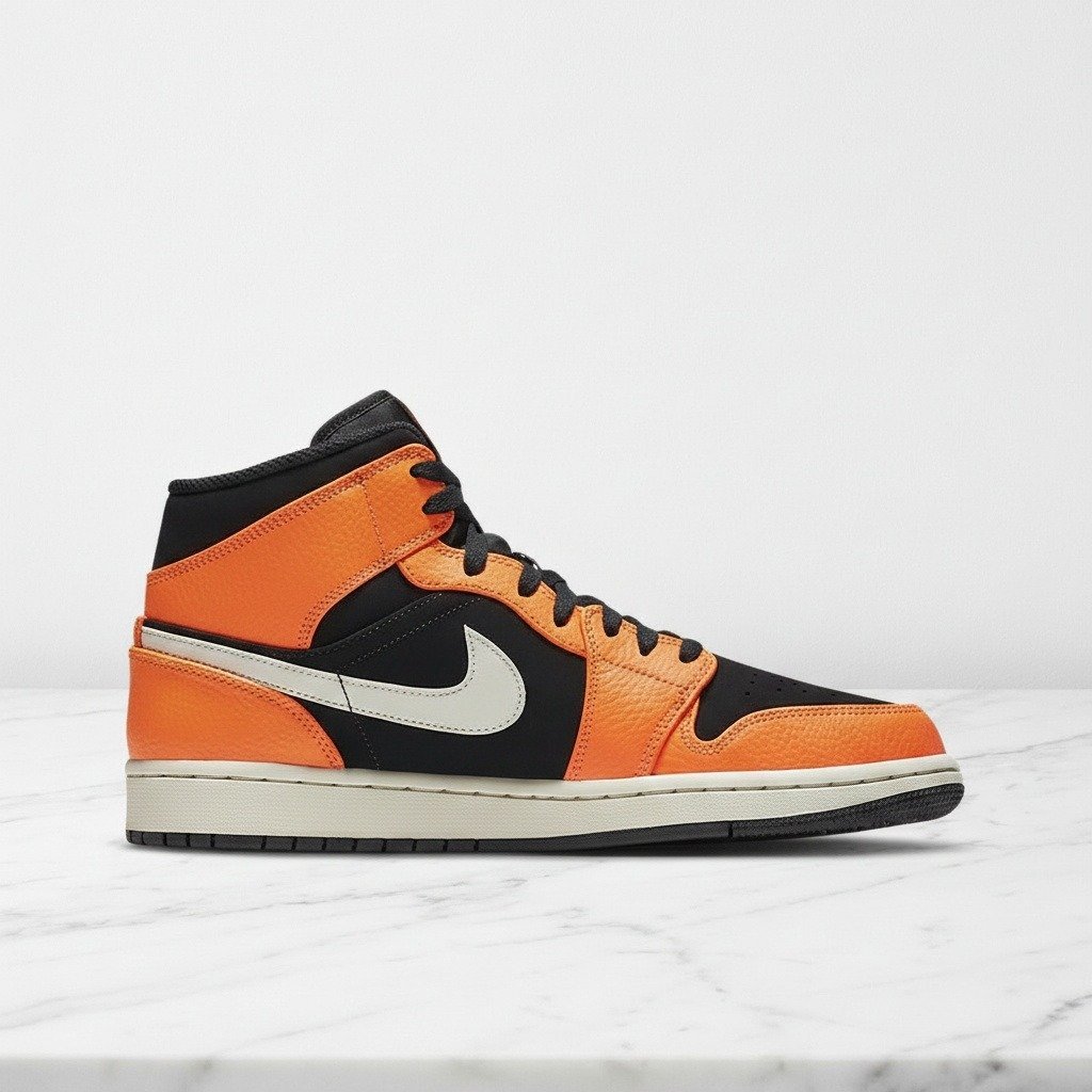 Buty Air Jordan 1 Mid Black And Cone na co dzień, wygodne sneakersy unisex, czarno pomarańczowe, skóra, 554724-062