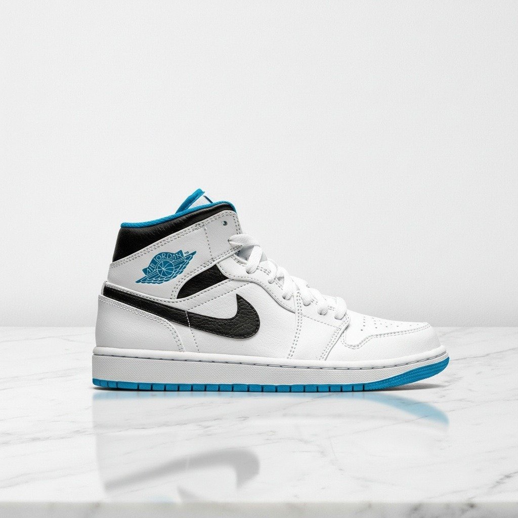 Buty Air Jordan 1 Mid White Laser Blue dla niej i dla niego, wygodne na co dzień, biało niebieskie, 554724-141